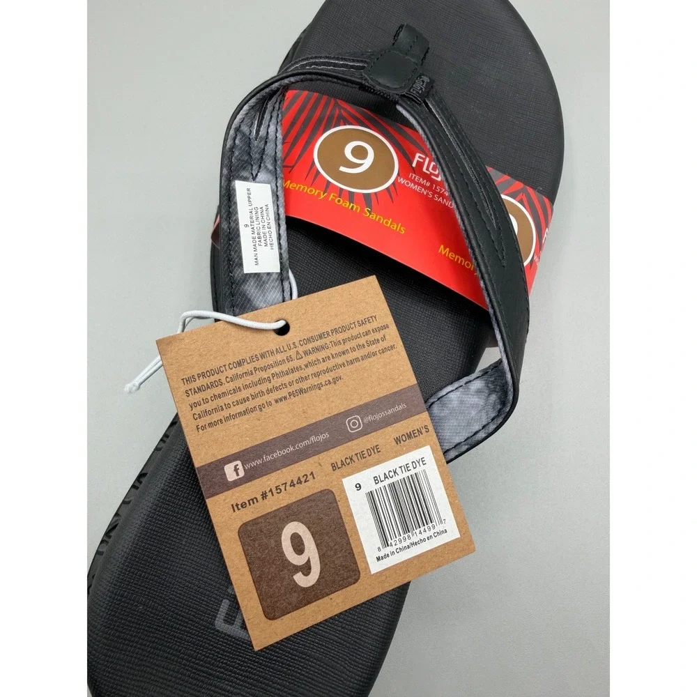 Flojos Womens Memory Foam Flip Flop‎ Sandals Black Tie Dye Size 9 NEW